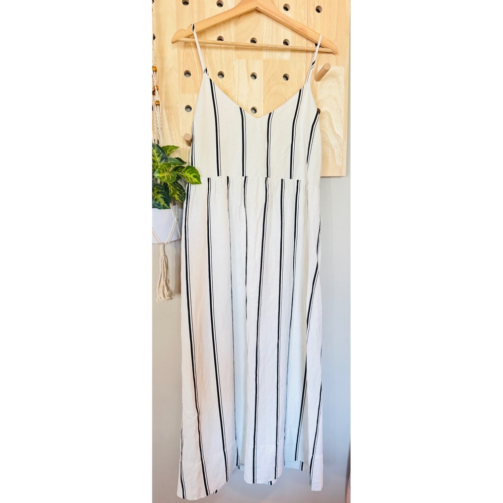 Evereve‎ Womens Cream Black Striped Linen Blend V-Neck Maxi Dress Size Large